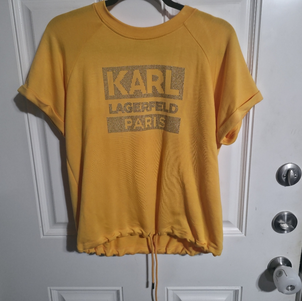 Karl Lagerfeld Bright Yellow Rhinestone Logo Tee Size Small